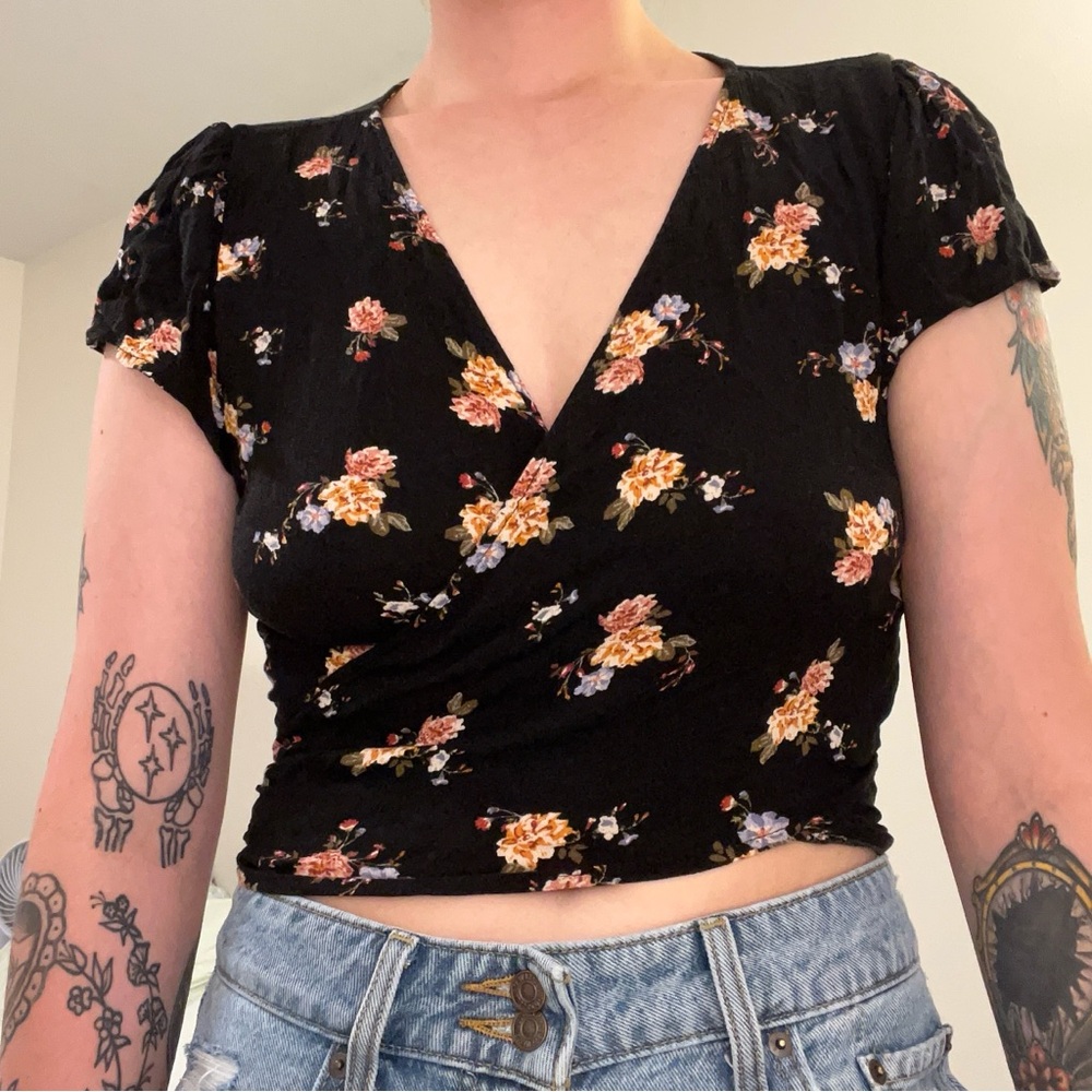 Garage Black Floral Wrap Blouse